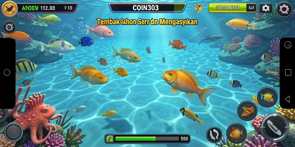 Gambaran gameplay COIN303 menembak ikan di lautan.