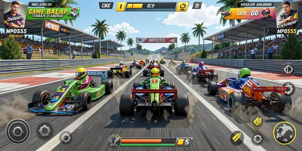 Gameplay MPO555 dengan mobil balap melaju kencang di trek.