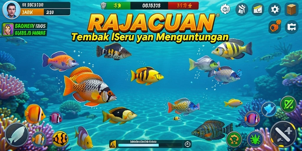 Screenshot gameplay RAJACUAN menunjukkan aksi seru menembak ikan.