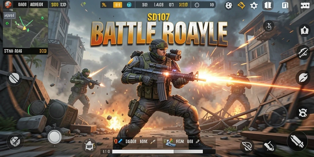Tampilan gameplay intens di SD107 dengan aksi Battle Royale yang mendebarkan.