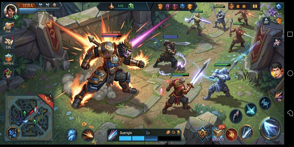 Tangkapan layar gameplay V21 menampilkan aksi pertempuran MOBA yang intens.